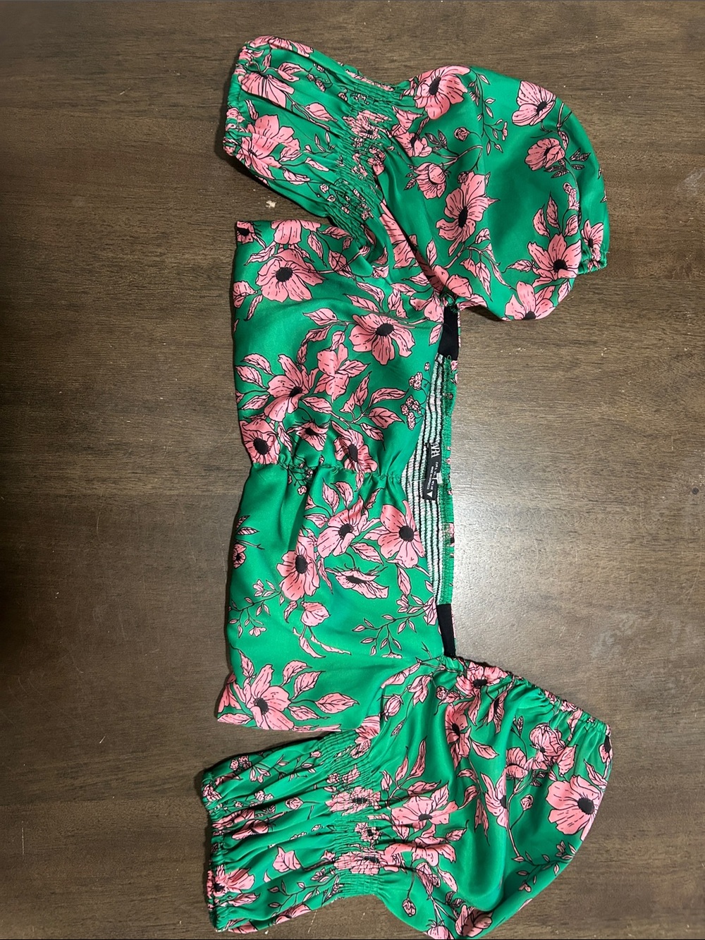 Zara Green Floral Puff-Sleeve Crop Top with Pink Flowers